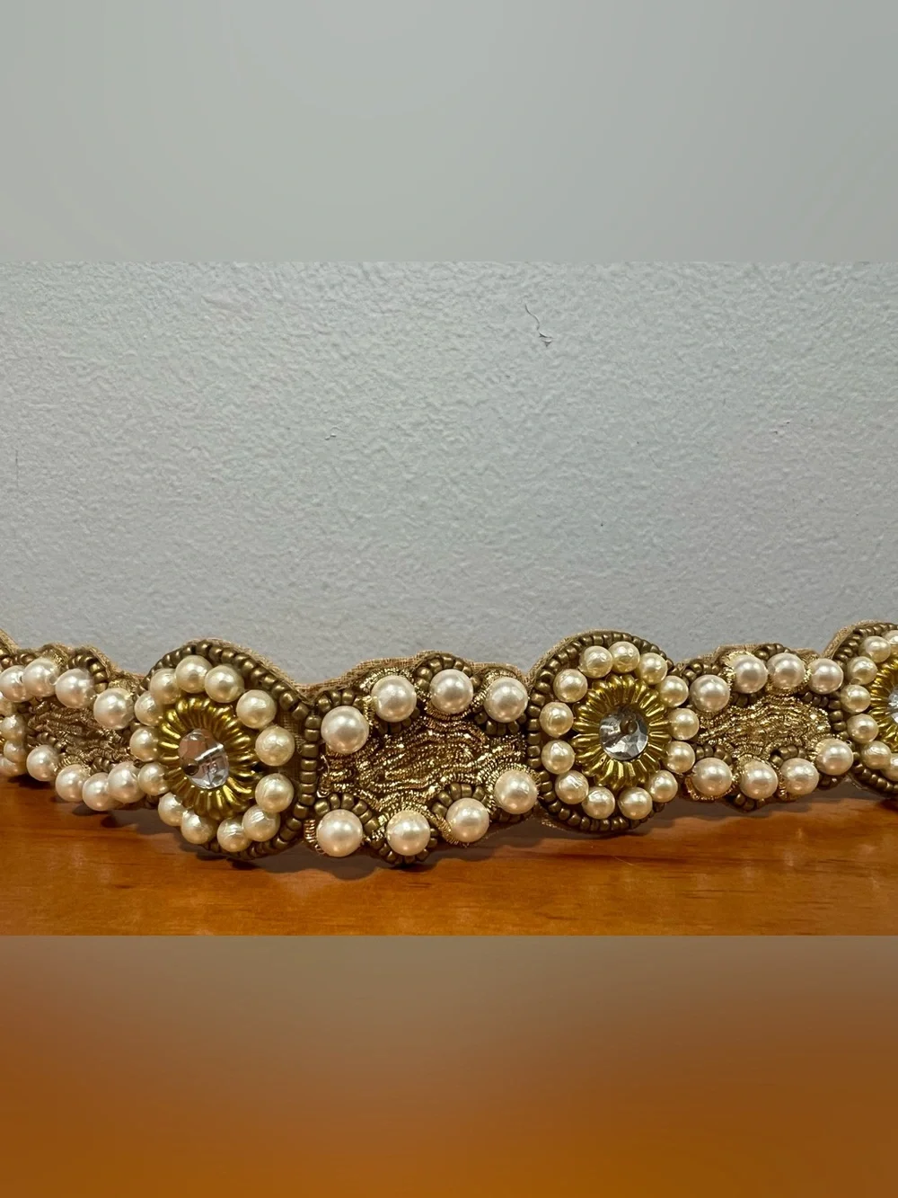 DEEPA GURNANI NWT Beaded Pearl Embellished Boho Stretch Leather Lined Headband